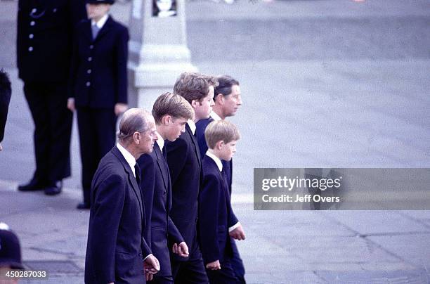 Funeral of Diana, Princess of Wales - L-R Prince Prince Charles Harry, Charles Spencer, Prince William and Prince Philip in profile walk behind the...