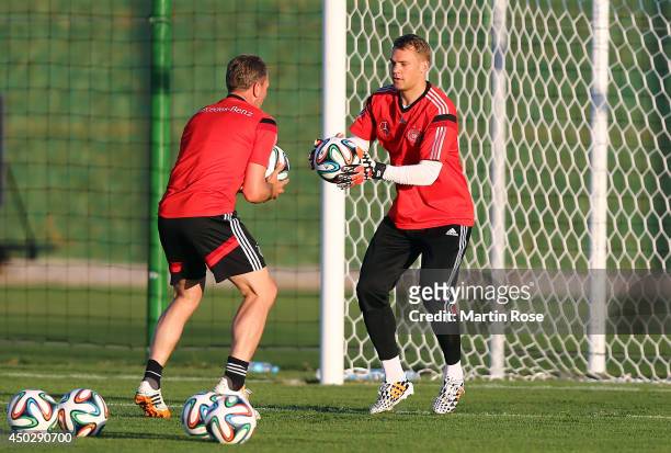 Goalkeeper Manuel Neuer in action with goalkeeper coach Andreas Koepke during the German National team training session at Campo Bohia on June 8,...