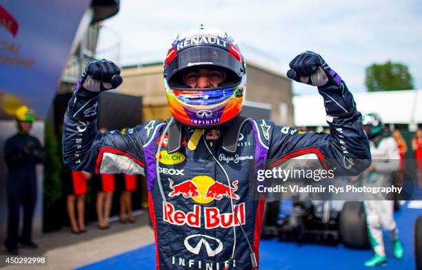 Daniel Ricciardo of Australia and Infiniti Red Bull Racing celebrates after winning the Canadian Formula One Grand Prix at Circuit Gilles Villeneuve...