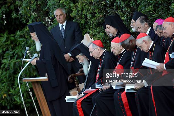 Patriarch Bartholomaios I spesks during a peace invocation prayer with Palestinian President Mahmoud Abbas, Israeli President Shimon Peres and Pope...