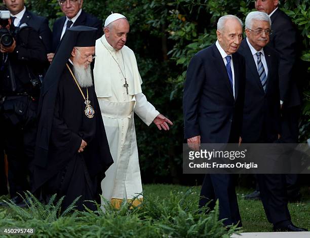 Pope Francis meets Patriarch Bartholomaios I , Israeli President Shimon Peres and Palestinian President Mahmoud Abbas for a peace invocation prayer...