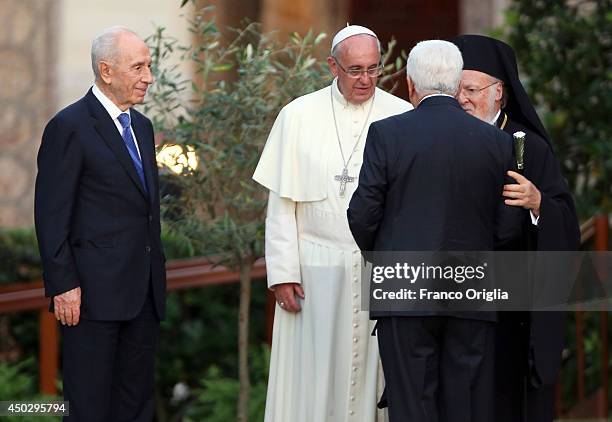 Pope Francis meets Israeli President Shimon Peres , Palestinian President Mahmoud Abbas and Patriarch Bartholomaios I for a peace invocation prayer...