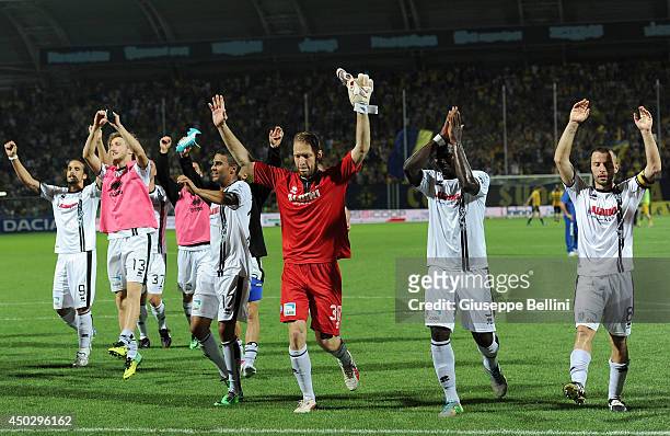 Players of Cesena celebrate the victory after the Serie B playoff match between Modena FC and AC Cesena at Alberto Braglia Stadium on June 8, 2014 in...