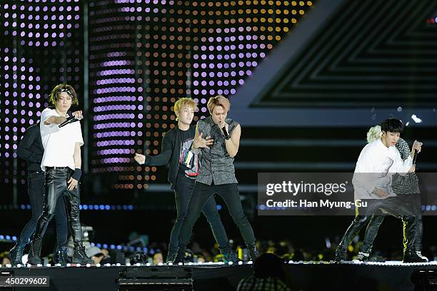 Members of South Korean boy band Beast perform on stage during the 20th Dream Concert on June 7, 2014 in Seoul, South Korea.