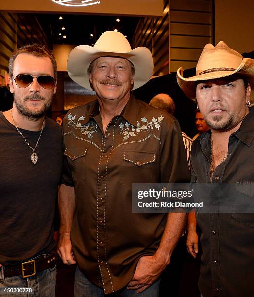 Musicians Eric Church, Alan Jackson and Jason Aldean backstage at George Strait's 'The Cowboy Rides Away Tour' final stop at AT&T Stadium at AT&T...