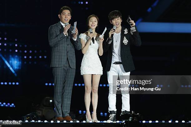 Kangin, Eunhyuk of South Korean boy band Super Junior and actress Baek Jin-Hee attend during the 20th Dream Concert on June 7, 2014 in Seoul, South...