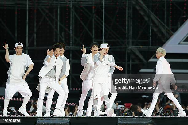 Members of South Korean boy band GOT7 perform on stage during the 20th Dream Concert on June 7, 2014 in Seoul, South Korea.