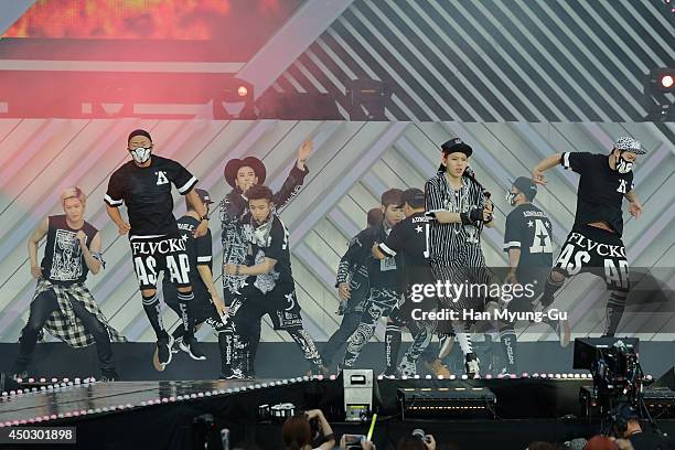 Members of South Korean boy band Block B perform on stage during the 20th Dream Concert on June 7, 2014 in Seoul, South Korea.