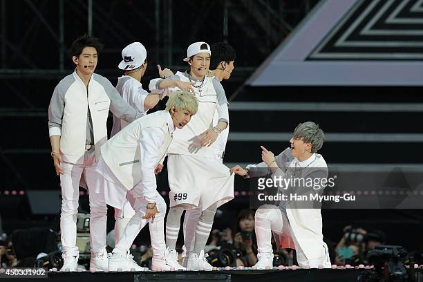 Members of South Korean boy band GOT7 perform on stage during the 20th Dream Concert on June 7, 2014 in Seoul, South Korea.