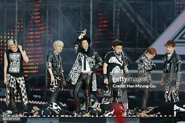 Members of South Korean boy band Block B perform on stage during the 20th Dream Concert on June 7, 2014 in Seoul, South Korea.