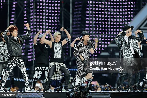 Members of South Korean boy band Block B perform on stage during the 20th Dream Concert on June 7, 2014 in Seoul, South Korea.