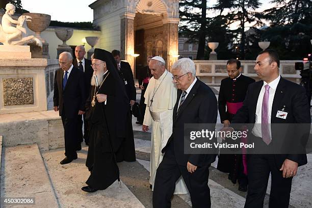 Pope Francis meets Patriarch Bartholomaios I , Israeli President Shimon Peres and Palestinian President Mahmoud Abbas for a peace invocation prayer...