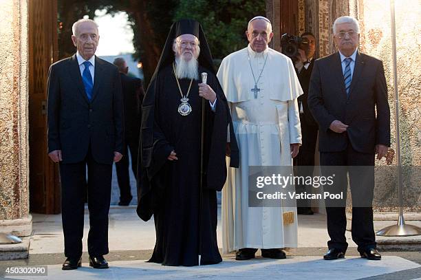 Pope Francis meets Patriarch Bartholomaios I , Israeli President Shimon Peres and Palestinian President Mahmoud Abbas for a peace invocation prayer...