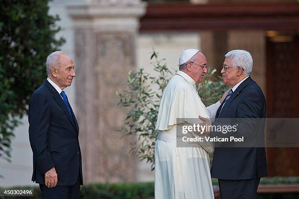 Pope Francis meets Israeli President Shimon Peres and Palestinian President Mahmoud Abbas for a peace invocation prayer at the Vatican Gardens on...
