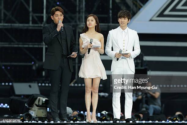 Kangin, Eunhyuk of South Korean boy band Super Junior and actress Baek Jin-Hee attend during the 20th Dream Concert on June 7, 2014 in Seoul, South...