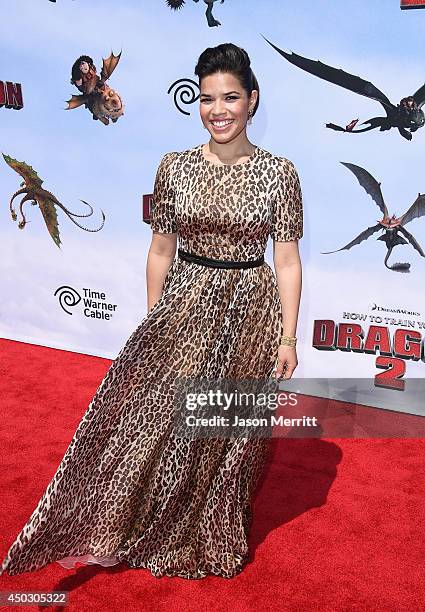 Actress America Ferrera arrives at the LA premiere of "How To Train Your Dragon 2" at the Regency Village Theatre on June 8, 2014 in Westwood,...