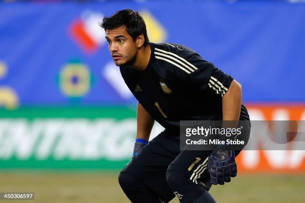 Goalkeeper Sergio Romero of Argentina in action against Ecuador at MetLife Stadium on November 15, 2013 in East Rutherford, New Jersey. Ecuador play...