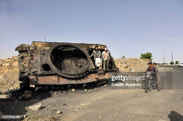 View of the remains of heavy weapons followed the clashes between Houthi tribesmen and armed forces in the capital Sanaa, Yemen on June 8, 2014.