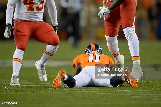 Denver Broncos wide receiver Trindon Holliday lays down on a bobbled punt catch in the first quarter. The Denver Broncos take on the Kansas City...