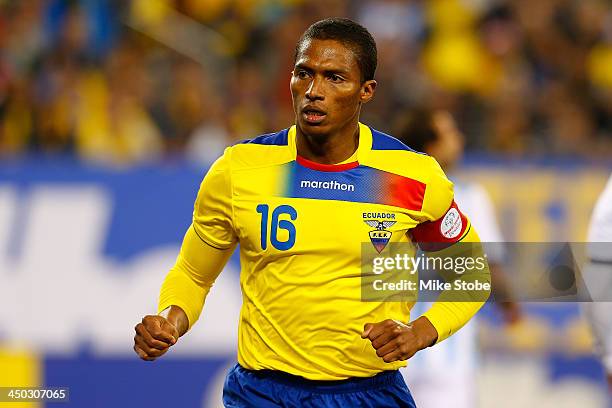 Midfielder Luis Antonio Valencia of Ecuador in action against Argentina during a friendly match at MetLife Stadium on November 15, 2013 in East...