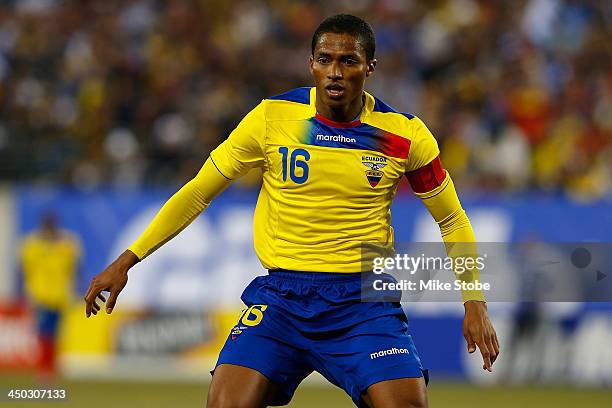 Midfielder Luis Antonio Valencia of Ecuador in action against Argentina during a friendly match at MetLife Stadium on November 15, 2013 in East...