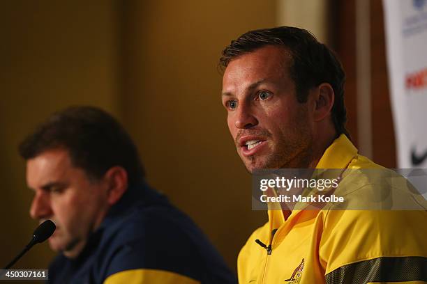 Socceroos captain Lucas Neill speaks to the media at an Australian Socceroos press conference at the Intercontinental Hotel on November 18, 2013 in...