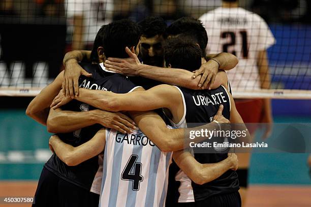 Players of Argentina celebrate after winning a match between Argentina and Japan as part of FIVB Volleyball World League 2014 at Lomas de Zamora...