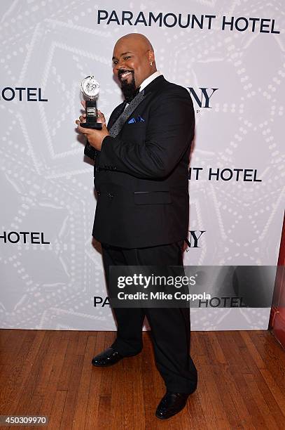 James Monroe Iglehart, winner of the award for Best Performance by an Actor in a Featured Role in a Musical for Aladdin, poses in the Paramount...