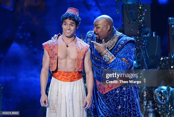 Actor Adam Jacobs and James Monroe Iglehart perform "Aladdin" onstage during the 68th Annual Tony Awards at Radio City Music Hall on June 8, 2014 in...