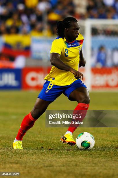 Forward Felipe Caicedo of Ecuador in action against Argentina during a friendly match at MetLife Stadium on November 15, 2013 in East Rutherford, New...