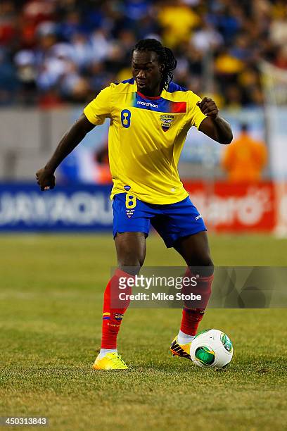 Forward Felipe Caicedo of Ecuador in action against Argentina during a friendly match at MetLife Stadium on November 15, 2013 in East Rutherford, New...