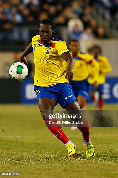 Forward Felipe Caicedo of Ecuador in action against Argentina during a friendly match at MetLife Stadium on November 15, 2013 in East Rutherford, New...