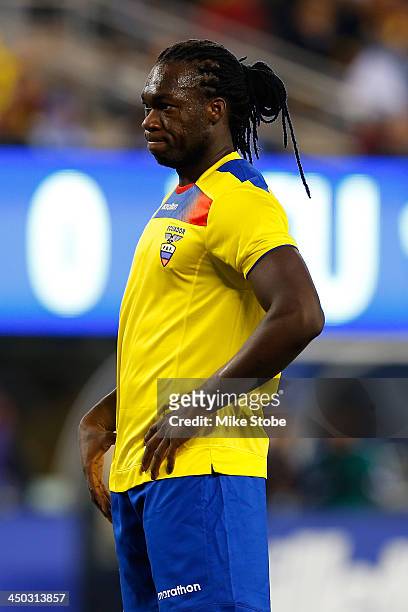 Forward Felipe Caicedo of Ecuador in action against Argentina during a friendly match at MetLife Stadium on November 15, 2013 in East Rutherford, New...