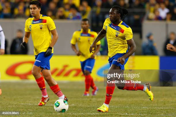 Forward Felipe Caicedo of Ecuador in action against Argentina during a friendly match at MetLife Stadium on November 15, 2013 in East Rutherford, New...