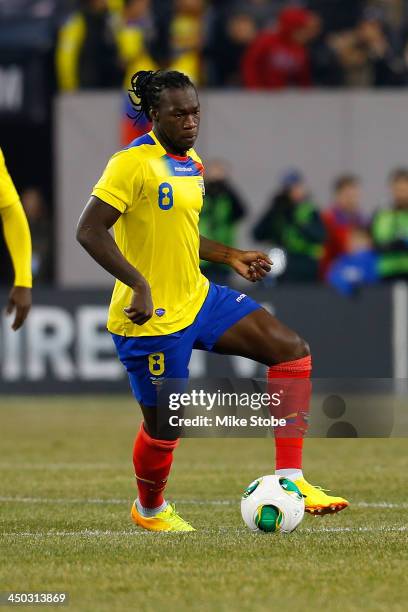 Forward Felipe Caicedo of Ecuador in action against Argentina during a friendly match at MetLife Stadium on November 15, 2013 in East Rutherford, New...