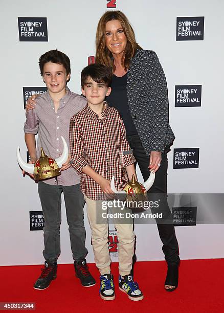 Kylie Gillies and her sons Gus and Archie arrive for the 'How To Train Your Dragon 2' Australian Premiere at Event Cinemas George Street on June 9,...