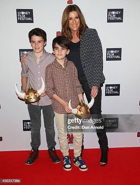 Kylie Gillies and her sons Gus and Archie arrive for the 'How To Train Your Dragon 2' Australian Premiere at Event Cinemas George Street on June 9,...