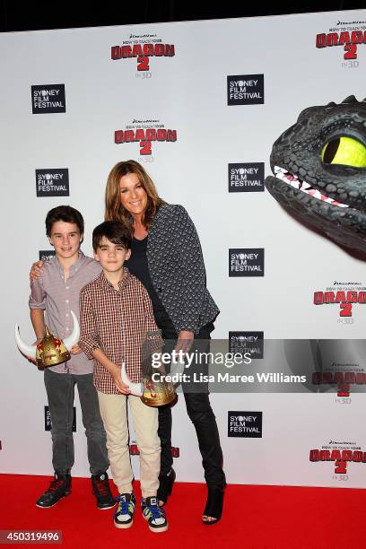 Kylie Gillies and her sons Gus and Archie attend the 'How To Train Your Dragon 2' Australian premiere at Event Cinemas George Street on June 9, 2014...