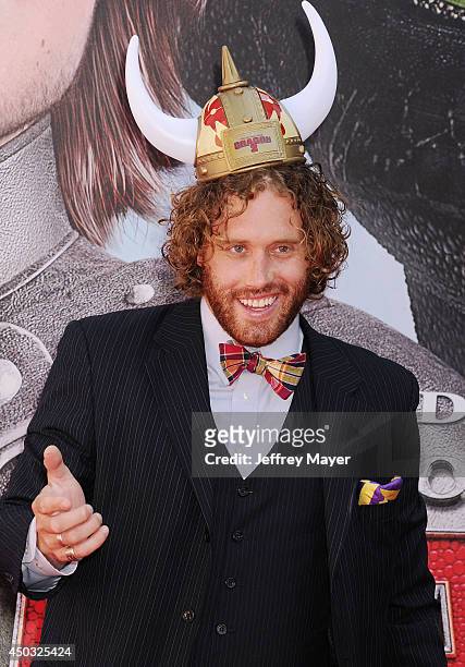 Actor T.J. Miller arrives at the Los Angeles premiere of 'How To Train Your Dragon 2' at the Regency Village Theatre on June 8, 2014 in Westwood,...