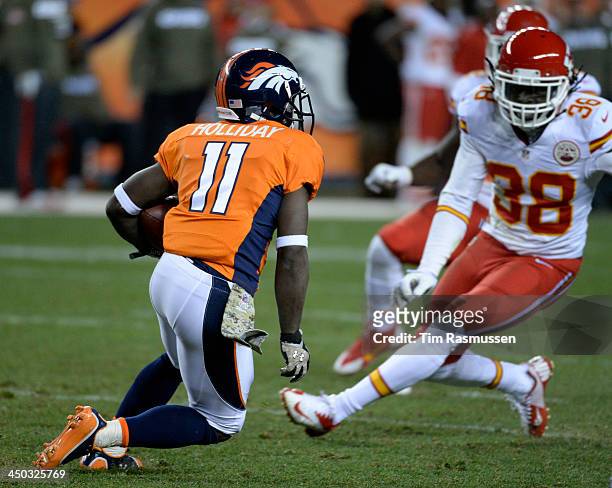 Denver Broncos wide receiver Trindon Holliday runs back a kickoff during the fourth quarter. The Denver Broncos vs. The Kansas City Chiefs at Sports...