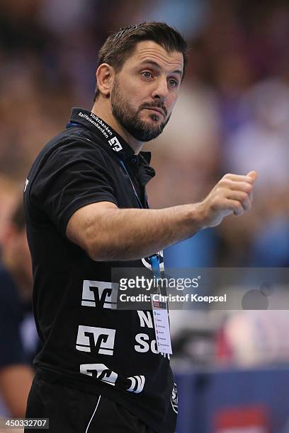Head coach Lubomir Vranjec of Flensburg-Handewitt issues instructions during the VELUX EHF Handball Champions League group D match between HSV...