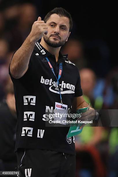 Head coach Lubomir Vranjec of Flensburg-Handewitt issues instructions during the VELUX EHF Handball Champions League group D match between HSV...