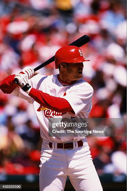 Eli Marrero of the St. Louis Cardinals bats against the Colorado Rockies at Busch Stadium on April 29, 1999 in St. Louis, Missouri. The Rockies beat...