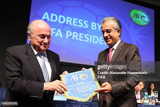 Shaikh Salman Bin Ebrhaim Al Khalifa, President of the AFC poses with FIFA President Joseph S. Blatter during the AFC confederation congress at...