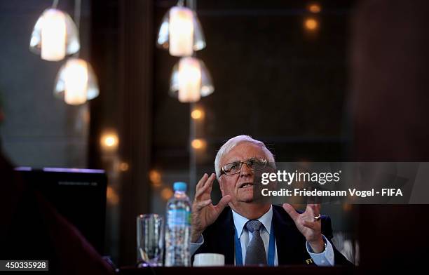 Theo Zwanziger, FIFA Executive Committee Member and Chairman of the Task Force Revision and Statutes talks during the Media Round Table at the FIFA...
