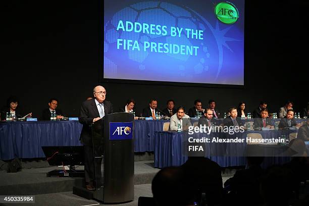 President Joseph S. Blatter speaks at the AFC confederation congress at Hilton Sao Paulo Morumbi hotel on June 9, 2014 in Sao Paulo, Brazil.