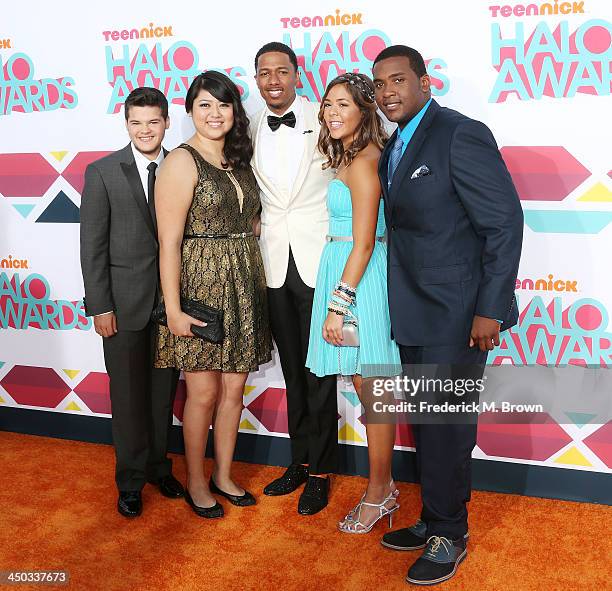 Zachery Kerr, Rocio Ortega, host Nick Cannon, Miranda Fuentes, and Denzel Thompson attend the 2013 HALO Awards at the Hollywood Palladium on November...