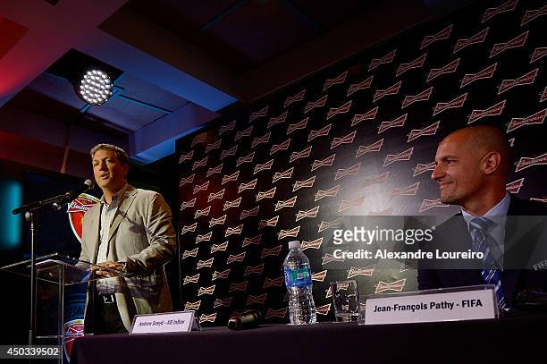 Andrew Sneyd, Global vice president of Budweiser and Jean Francois Pathy, representative of FIFA talks to the media during the press conference...