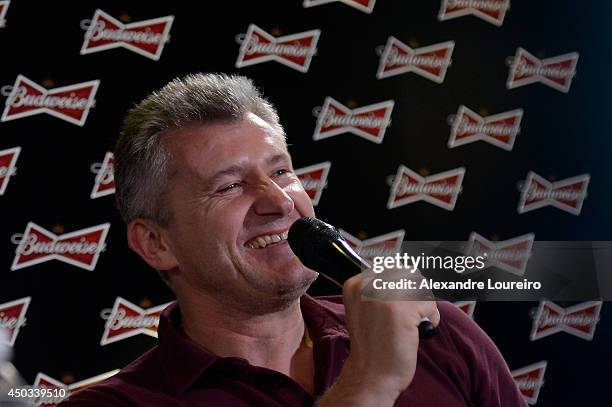 Davor Suker, former FIFA World Cup player, talks to the media during the press conference presented by Budweiser at Budweiser Hotel by Pestana on...