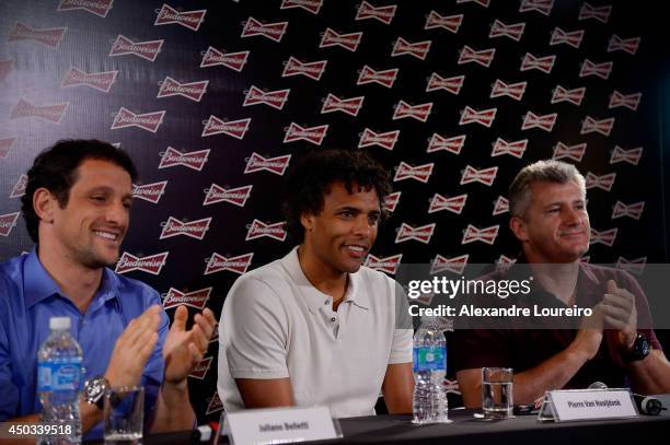 Juliano Belletti, Pierre van Hooijdonk and Davor Suker , former FIFA World Cup players, talks to the media during the press conference presented by...